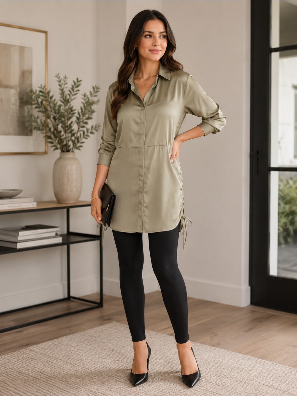 HYFVE Olive Green Satin Button-Front Dress